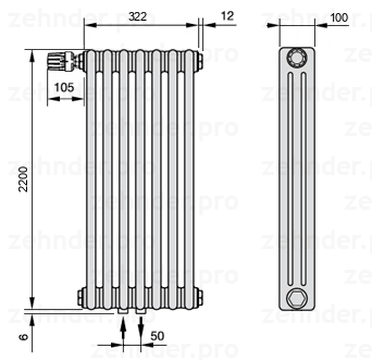 Схема (чертеж) Радиатор Zehnder Charleston 3220/7 №V007 Белый глянцевый RAL 9016